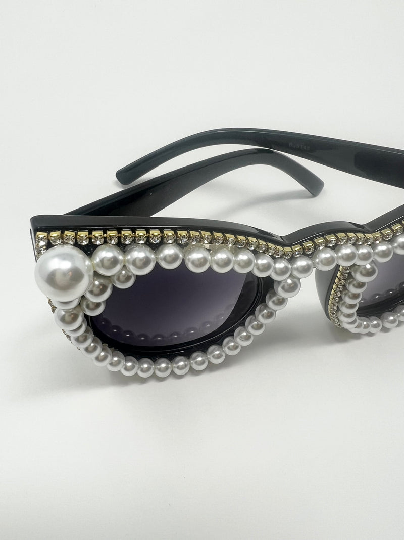 Cat Eye Pearl and Rhinestone Framed Sunglasses (Gold Trimmed)