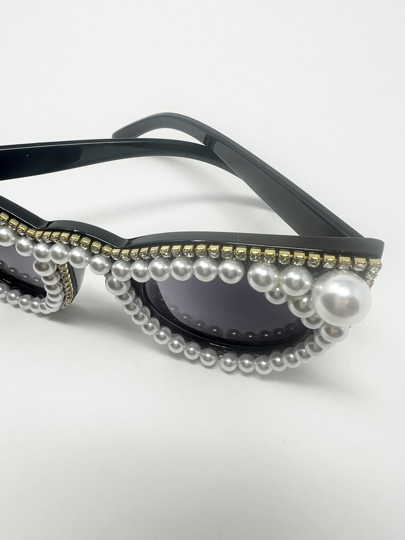 Cat Eye Pearl and Rhinestone Framed Sunglasses (Gold Trimmed)