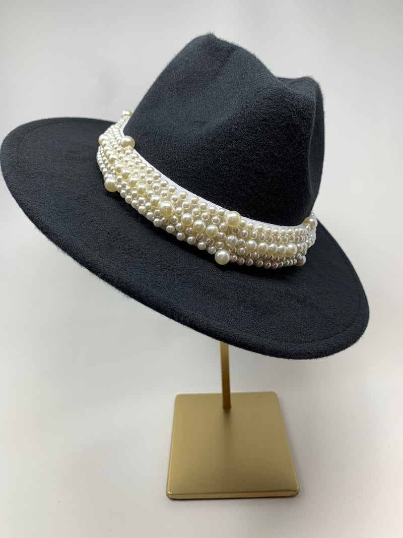 Pearl Band Fedora Hat - Classic Black