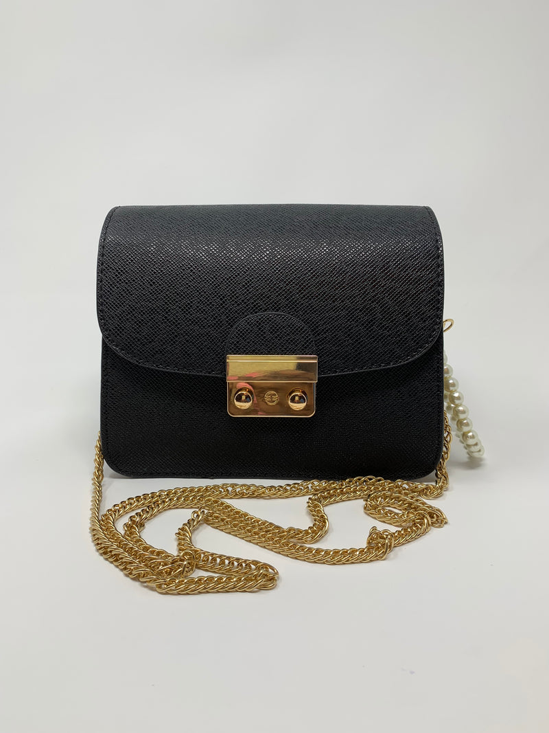 Faux Leather Black Purse with Pearl Keychain