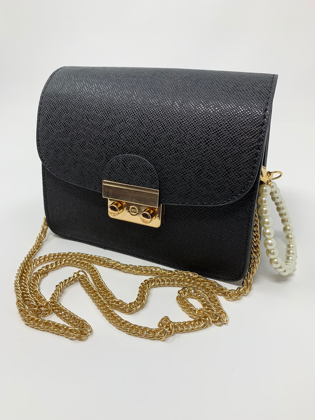Faux Leather Black Purse with Pearl Keychain