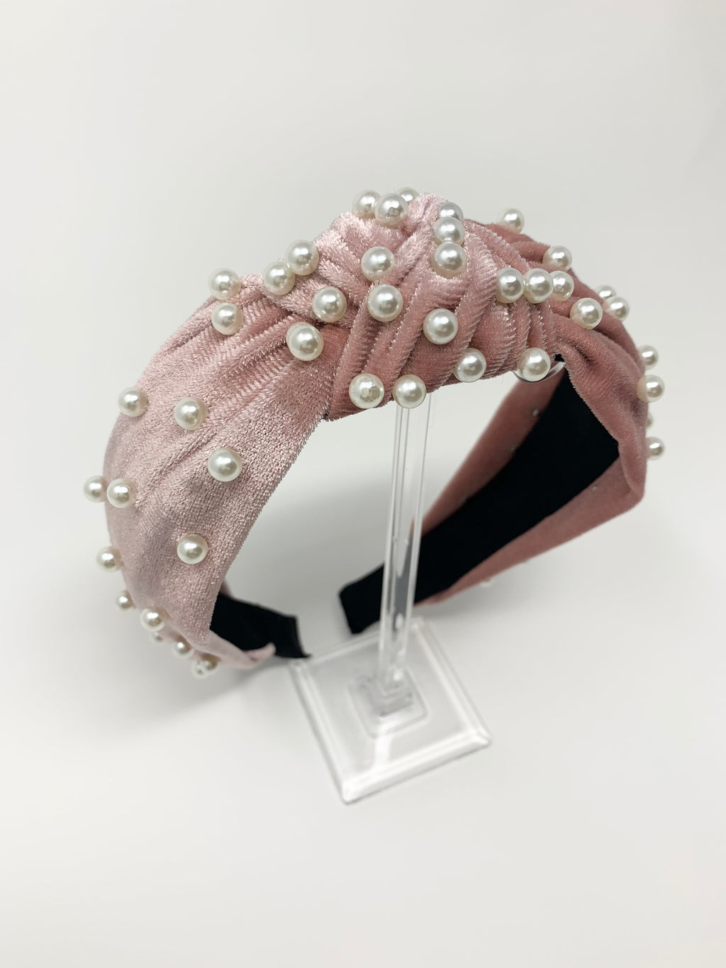 Velvet Pearl Knotted Headband - Pink