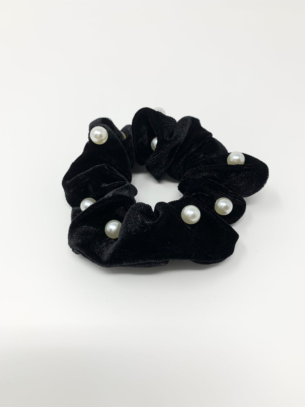 Velvet Pearl Hair Scrunchie - Black