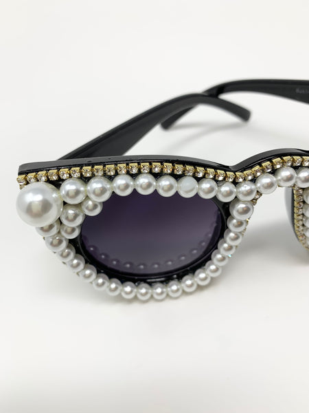 Cat Eye Pearl and Rhinestone Framed Sunglasses (Gold Trimmed