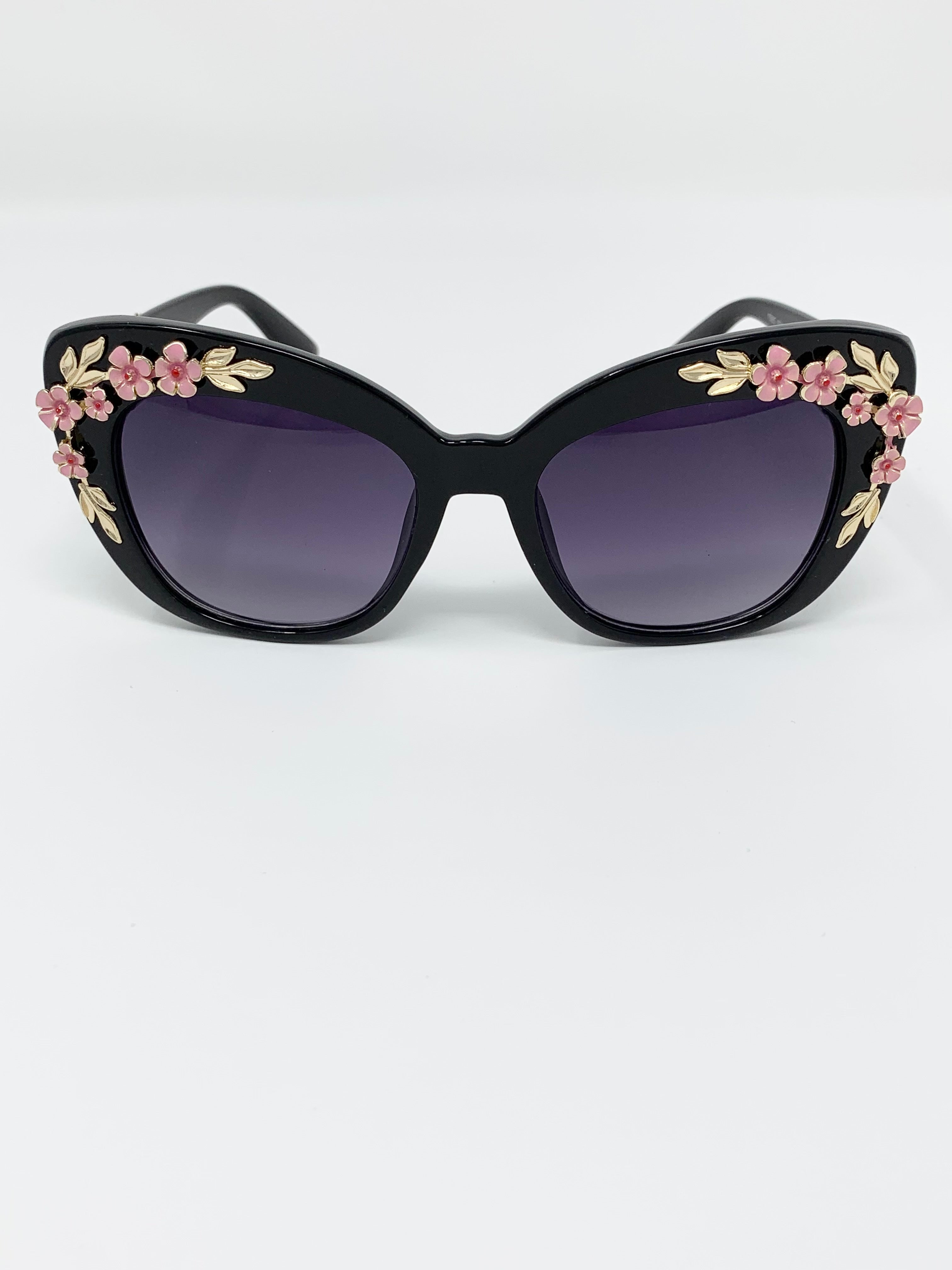 Floral Embellished Sunglasses - Black – Polished Pearl Boutique display picture 2